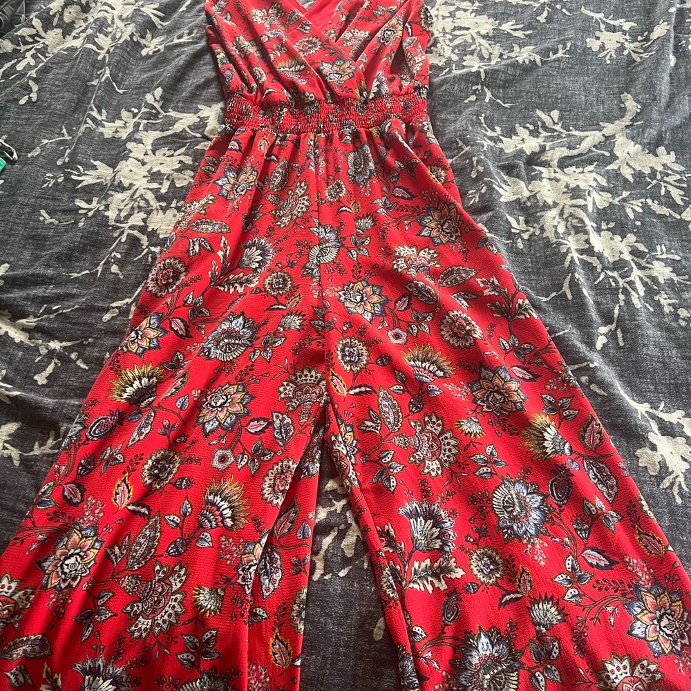 Floral Red Sleeveless Jumpsuit